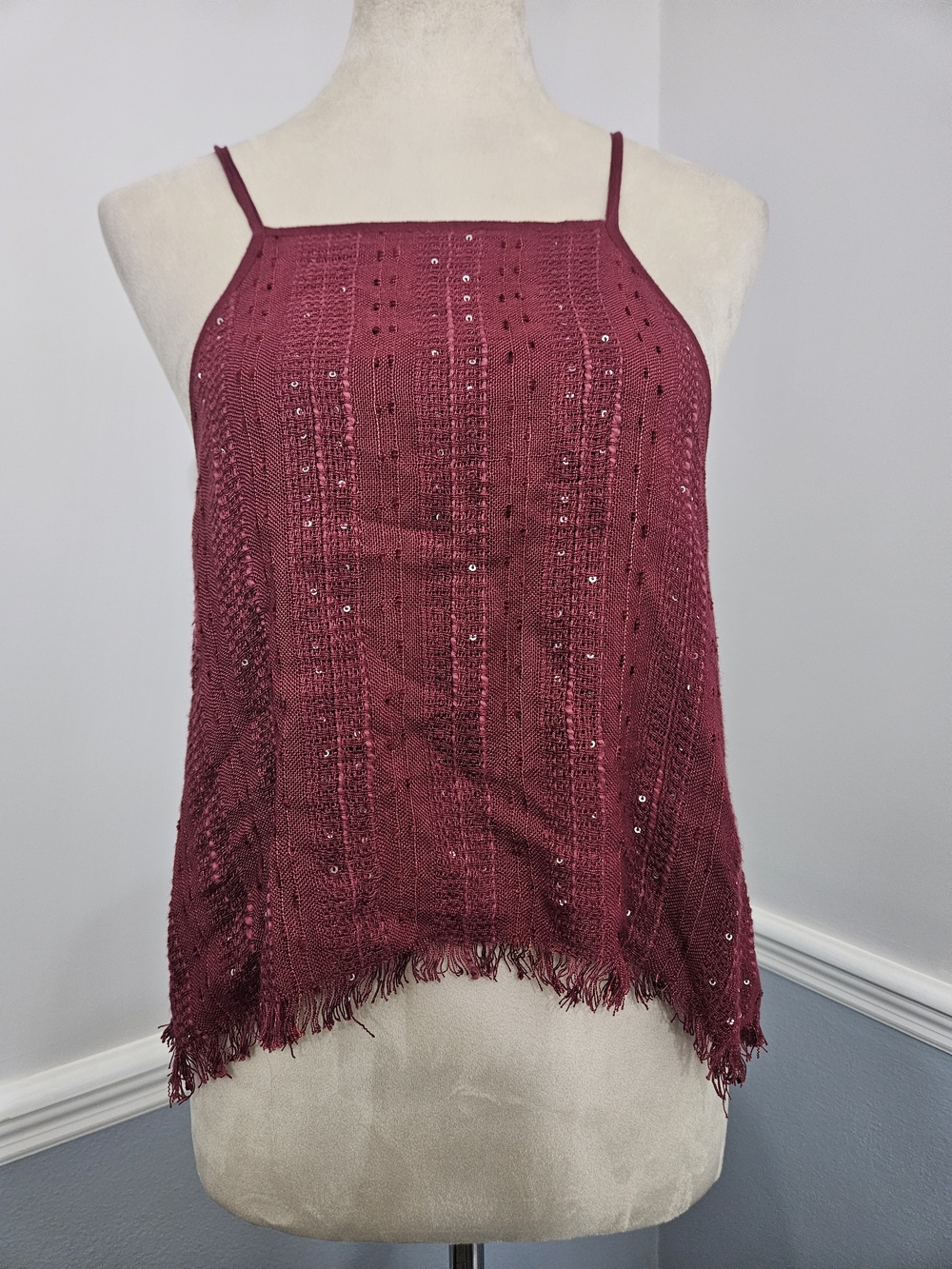 EARTHBOUND Sequin Fringe Camisole in Burgundy Festival Party Western Size M Y2K